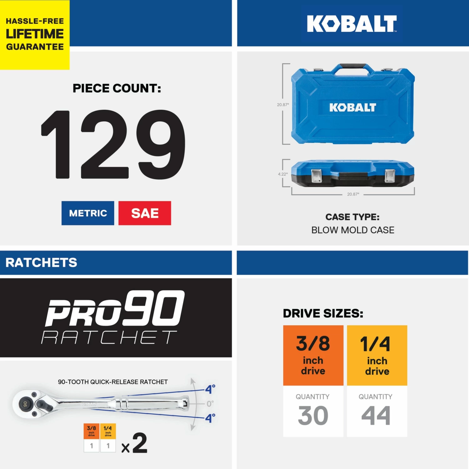 Kobalt Mechanics Tool Sets 129-Piece Standard (SAE) and Metric Combination Polished Chrome Mechanics Tool Set (1/4-in; 3/8-in) 11 Kobalt Mechanics Tool Sets 129-Piece Standard (SAE) and Metric Combination Polished Chrome Mechanics Tool Set (1/4-in; 3/8-in) - Image 11